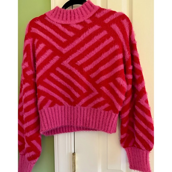 Sugarlips Sweaters - SUGARLIPS Pink Red Geometric‎ Fuzzy Knit Mock Neck Sweater Top Size S